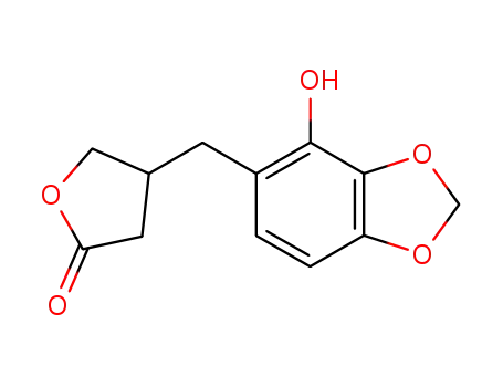 Molecular Structure of 82299-40-9 (2(3H)-Furanone, dihydro-4-[(4-hydroxy-1,3-benzodioxol-5-yl)methyl]-)