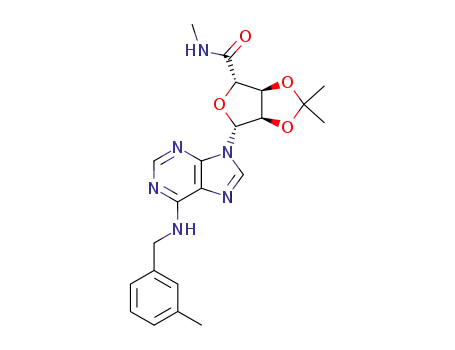 Molecular Structure of 1053261-60-1 ((3aS,4S,6R,6aR)-2,2-Dimethyl-6-[6-(3-methyl-benzylamino)-purin-9-yl]-tetrahydro-furo[3,4-d][1,3]dioxole-4-carboxylic acid methylamide)