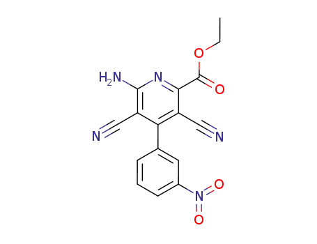 Molecular Structure of 143660-06-4 (2-Pyridinecarboxylic acid, 6-amino-3,5-dicyano-4-(3-nitrophenyl)-, ethyl
ester)