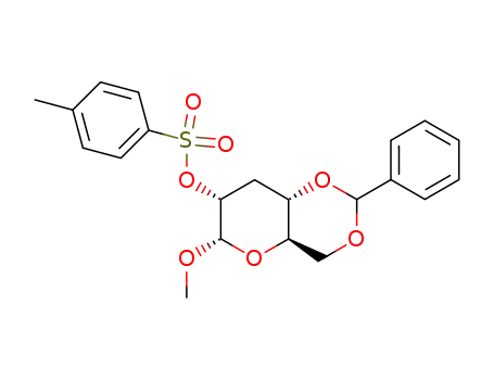 Molecular Structure of 14929-15-8 (Toluene-4-sulfonic acid (4aR,6S,7R,8aS)-6-methoxy-2-phenyl-hexahydro-pyrano[3,2-d][1,3]dioxin-7-yl ester)