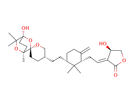 Molecular Structure of 118584-14-8 (2(3H)-Furanone,3-[2-[(1S,3R)-2,2-dimethyl-6-methylene-3-[2-[(1S,2'S,4S,5'S)-tetrahydro-1-hydroxy-4,6,6-trimethylspiro[2,5-dioxabicyclo[2.2.2]octane-3,2'-[2H]pyran]-5'-yl]ethyl]cyclohexyl]ethylidene]dihydro-4-hydroxy-,(3E,4R)-)