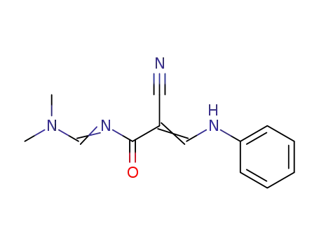 Molecular Structure of 91255-20-8 (2-Propenamide,
2-cyano-N-[(dimethylamino)methylene]-3-(phenylamino)-)