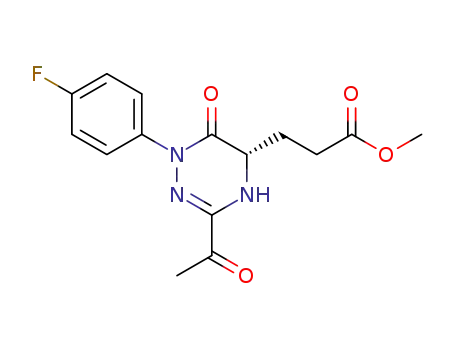 Molecular Structure of 139455-91-7 (1,2,4-Triazine-5-propanoic acid,
3-acetyl-1-(4-fluorophenyl)-1,2,5,6-tetrahydro-6-oxo-, methyl ester, (S)-)