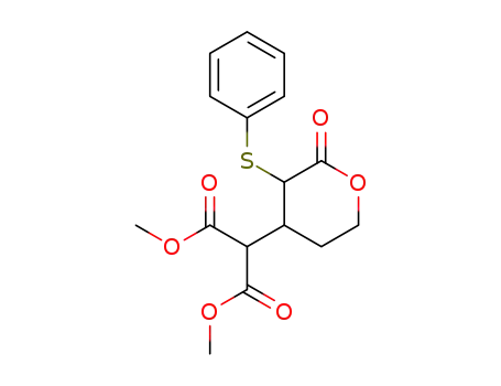 Molecular Structure of 89030-25-1 (Propanedioic acid, [tetrahydro-2-oxo-3-(phenylthio)-2H-pyran-4-yl]-,
dimethyl ester)