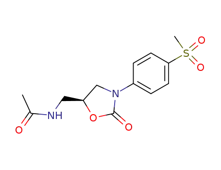 Molecular Structure of 96800-76-9 (Acetamide,
N-[[(5S)-3-[4-(methylsulfonyl)phenyl]-2-oxo-5-oxazolidinyl]methyl]-)