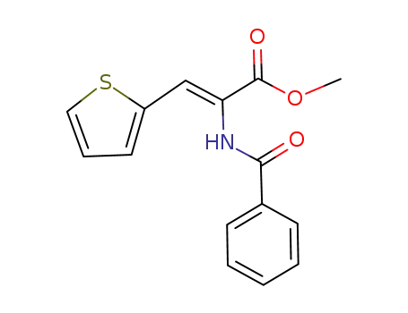 Molecular Structure of 88991-32-6 (2-Propenoic acid, 2-(benzoylamino)-3-(2-thienyl)-, methyl ester, (2Z)-)