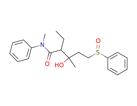 Molecular Structure of 93766-63-3 (Pentanamide,
2-ethyl-3-hydroxy-N,3-dimethyl-N-phenyl-5-(phenylsulfinyl)-)