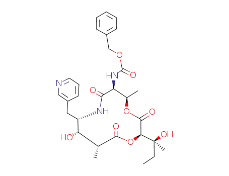 Molecular Structure of 104331-47-7 ((2R,5R,6S,9S,10S,11R)-10-hydroxy-2-<(1'S)-1'-hydroxy-1'-methylprpyl>-5,11-dimethyl-9-(3-pyridylmethyl)-6-(benzyloxycarbonylamino)-8-aza-1,4-dioxacyclododecane-3,7,12-trione)