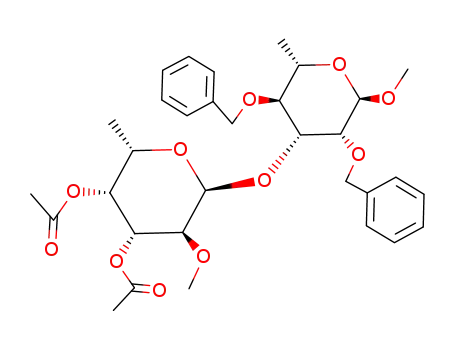 Molecular Structure of 148168-46-1 (Acetic acid (2S,3R,4R,5S,6S)-3-acetoxy-6-((2R,3R,4R,5S,6S)-3,5-bis-benzyloxy-2-methoxy-6-methyl-tetrahydro-pyran-4-yloxy)-5-methoxy-2-methyl-tetrahydro-pyran-4-yl ester)