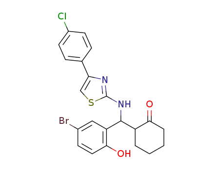 Molecular Structure of 77203-93-1 (2-{(5-Bromo-2-hydroxy-phenyl)-[4-(4-chloro-phenyl)-thiazol-2-ylamino]-methyl}-cyclohexanone)