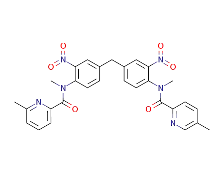 Molecular Structure of 156818-65-4 (N,N',5',6'-tetramethyl-N,N'-<methylenebis(2-nitrophen-4,1-ylene)>bis<pyridine-2-carboxamide>)