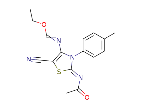 Molecular Structure of 62329-31-1 (Methanimidic acid,
N-[2-(acetylimino)-5-cyano-2,3-dihydro-3-(4-methylphenyl)-4-thiazolyl]-,
ethyl ester)