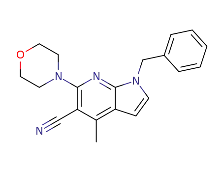 Molecular Structure of 105678-51-1 (1H-Pyrrolo[2,3-b]pyridine-5-carbonitrile,
4-methyl-6-(4-morpholinyl)-1-(phenylmethyl)-)