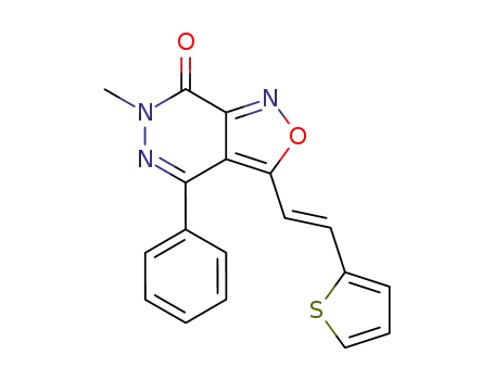 Molecular Structure of 93497-27-9 (Isoxazolo[3,4-d]pyridazin-7(6H)-one,
6-methyl-4-phenyl-3-[2-(2-thienyl)ethenyl]-, (E)-)