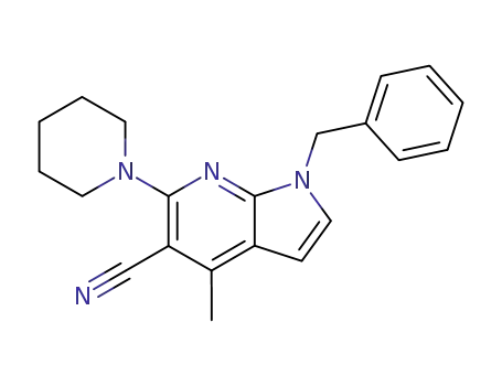 Molecular Structure of 105678-52-2 (1H-Pyrrolo[2,3-b]pyridine-5-carbonitrile,
4-methyl-1-(phenylmethyl)-6-(1-piperidinyl)-)