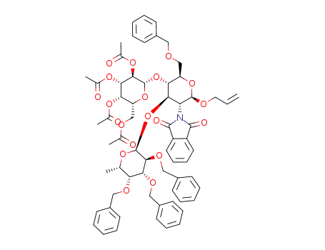 Molecular Structure of 107802-81-3 (allyl O-(2,3,4,6-tetra-O-acetyl-β-D-galactopyranosyl)-(1-4)-O-<(2,3,4-tri-O-benzyl-α-L-fucopyranosyl)-(1-3)>-6-O-benzyl-2-deoxy-2-phtalimido-β-D-glucopyranoside)