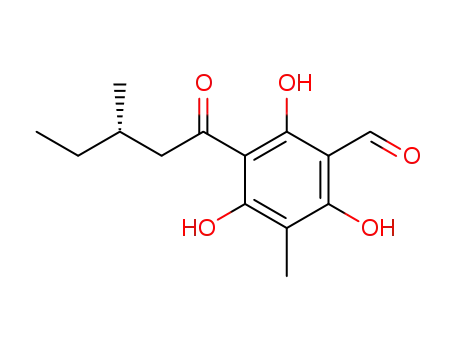 Molecular Structure of 116425-03-7 (2,4,6-Trihydroxy-5-methyl-3-[(S)-3-methyl-1-oxopentyl]benzaldehyde)