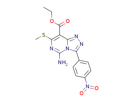 Molecular Structure of 151049-71-7 (5-Amino-7-methylsulfanyl-3-(4-nitro-phenyl)-[1,2,4]triazolo[4,3-c]pyrimidine-8-carboxylic acid ethyl ester)