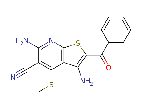 Molecular Structure of 129048-42-6 (Thieno[2,3-b]pyridine-5-carbonitrile,
3,6-diamino-2-benzoyl-4-(methylthio)-)