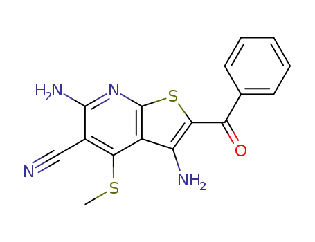 Molecular Structure of 129048-42-6 (Thieno[2,3-b]pyridine-5-carbonitrile,
3,6-diamino-2-benzoyl-4-(methylthio)-)