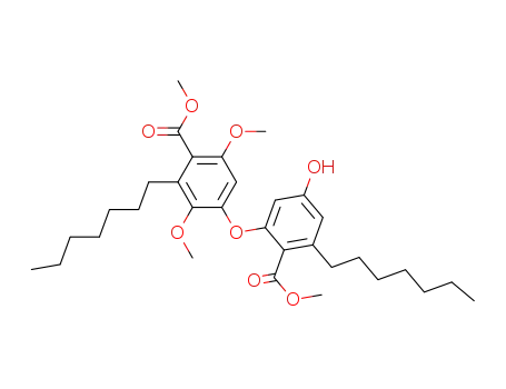 Molecular Structure of 94693-39-7 (Benzoic acid,
2-heptyl-4-[3-heptyl-5-hydroxy-2-(methoxycarbonyl)phenoxy]-3,6-dimeth
oxy-, methyl ester)