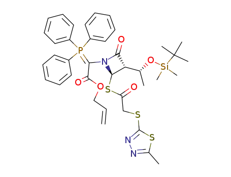 Molecular Structure of 102646-20-8 ({(2R,3S)-3-[(R)-1-(tert-Butyl-dimethyl-silanyloxy)-ethyl]-2-[2-(5-methyl-[1,3,4]thiadiazol-2-ylsulfanyl)-acetylsulfanyl]-4-oxo-azetidin-1-yl}-(triphenyl-λ<sup>5</sup>-phosphanylidene)-acetic acid allyl ester)