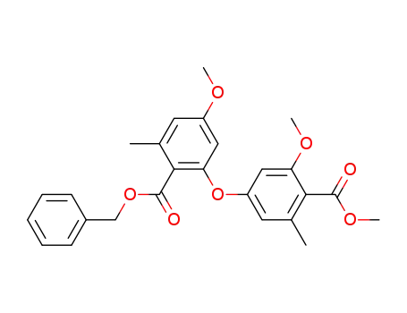Molecular Structure of 111699-21-9 (Benzoic acid,
4-methoxy-2-[3-methoxy-4-(methoxycarbonyl)-5-methylphenoxy]-6-meth
yl-, phenylmethyl ester)