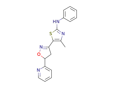Molecular Structure of 112834-26-1 (2-Thiazolamine,
5-[4,5-dihydro-5-(2-pyridinyl)-3-isoxazolyl]-4-methyl-N-phenyl-)