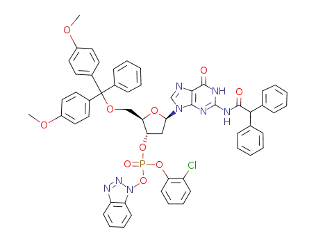 Molecular Structure of 91592-80-2 (Phosphoric acid benzotriazol-1-yl ester (2R,3S,5R)-2-[bis-(4-methoxy-phenyl)-phenyl-methoxymethyl]-5-(2-diphenylacetylamino-6-oxo-1,6-dihydro-purin-9-yl)-tetrahydro-furan-3-yl ester 2-chloro-phenyl ester)