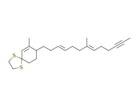 Molecular Structure of 42722-78-1 (7-Methyl-8-((3E,7E)-7-methyl-trideca-3,7-dien-11-ynyl)-1,4-dithia-spiro[4.5]dec-6-ene)