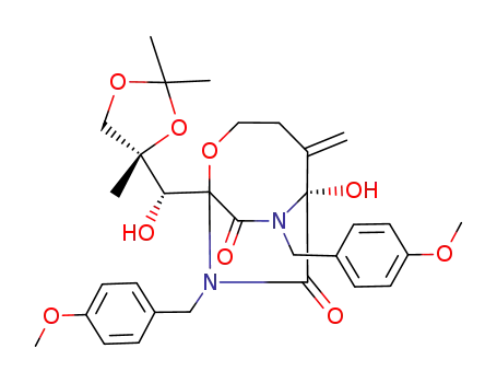(R)-6-Hydroxy-1-[(R)-hydroxy-((S)-2,2,4-trimethyl-[1,3]dioxolan-4-yl)-methyl]-7,9-bis-(4-methoxy-benzyl)-5-methylene-2-oxa-7,9-diaza-bicyclo[4.2.2]decane-8,10-dione