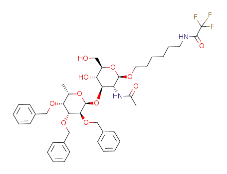 Molecular Structure of 78489-56-2 (6-(trifluoroacetamido)hexyl 2-acetamido-2-deoxy-3-O-(2,3,4-tri-O-benzyl-α-L-fucopyranosyl)-β-D-glucopyranoside)