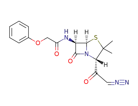 Molecular Structure of 15583-33-2 ((3S,5R,6R)-3-diazoacetyl-2,2-dimethyl-6-phenoxyacetamidopenam)