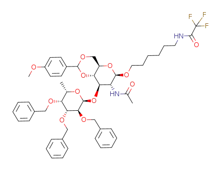 Molecular Structure of 78489-55-1 (6-(trifluoroacetamido)hexyl 2-acetamido-2-deoxy-4,6-O-(p-methoxybenzylidene)-3-O-(2,3,4-tri-O-benzyl-α-L-fucopyranosyl)-β-D-glucopyranoside)