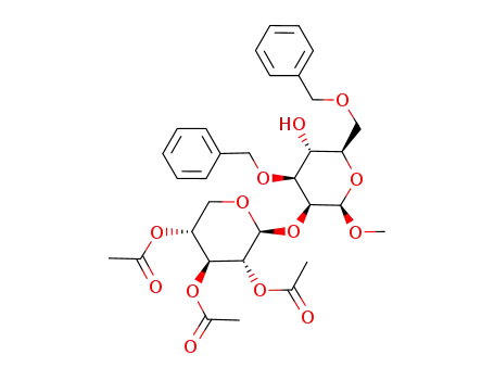Molecular Structure of 156917-49-6 (methyl 3,6-di-O-benzyl-2-O-(2,3,4-tri-O-acetyl-β-D-xylopyranosyl)-β-D-mannopyranoside)