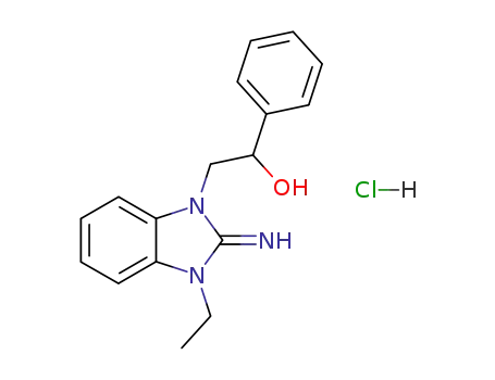 Molecular Structure of 111679-08-4 (1H-Benzimidazole-1-ethanol, 3-ethyl-2,3-dihydro-2-imino-a-phenyl-,
monohydrochloride)