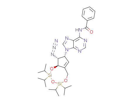 Molecular Structure of 88121-18-0 (N-[9-((2R,3R,3aR)-3-Azido-5,5,7,7-tetraisopropyl-2,3,3a,9-tetrahydro-4,6,8-trioxa-5,7-disila-cyclopentacycloocten-2-yl)-9H-purin-6-yl]-benzamide)