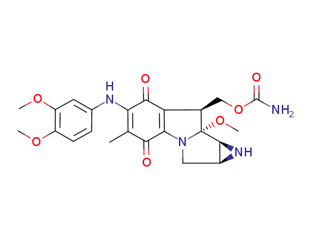 Molecular Structure of 88854-47-1 (Azirino[2,3:3,4]pyrrolo[1,2-a]indole-4,7-dione, 8-[[(aminocarbonyl)oxy]methyl]-6-[(3,4-dimethoxyphenyl)amino]-1, 1a,2,8,8a,8b-hexahydro-8a-methoxy-5-methyl-, [1aR-(1a.alpha., 8.beta.,8a.alpha.,8b.alpha.)]-)