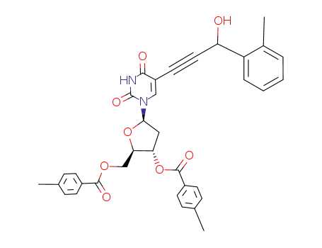Molecular Structure of 153865-93-1 (5-<3-hydroxy-3-(o-tolyl)prop-1-ynyl>-3',5'-di-O-(p-toluoyl)-2'-deoxyuridine)