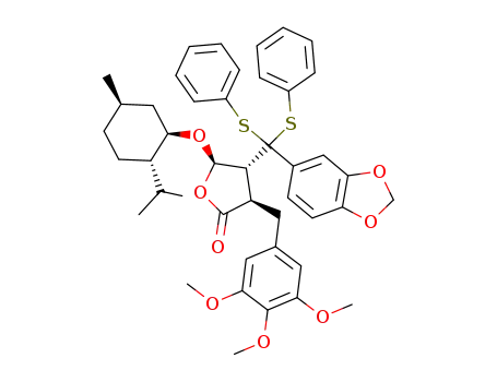 (-)-(3S,4R,5R)-3-(3',4',5'-trimethoxybenzyl)-4-<3'',4''-methylenedioxy-α,α-bis(phenylthio)benzyl>-5-(1-menthyloxy)butyrolactone