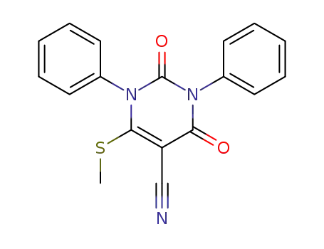 Molecular Structure of 100890-34-4 (5-Pyrimidinecarbonitrile,
1,2,3,4-tetrahydro-6-(methylthio)-2,4-dioxo-1,3-diphenyl-)