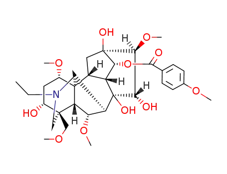 Molecular Structure of 121923-73-7 ((1alpha,3alpha,6alpha,10alpha,13alpha,14alpha,15alpha,16beta,17xi)-20-ethyl-3,8,13,15-tetrahydroxy-1,6,16-trimethoxy-4-(methoxymethyl)aconitan-14-yl 4-methoxybenzoate)