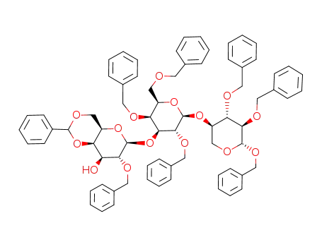 Molecular Structure of 144985-29-5 ((4aR,6S,7R,8S,8aR)-7-Benzyloxy-6-[(2R,3S,4S,5R,6S)-3,5-bis-benzyloxy-2-benzyloxymethyl-6-((3R,4S,5R,6R)-4,5,6-tris-benzyloxy-tetrahydro-pyran-3-yloxy)-tetrahydro-pyran-4-yloxy]-2-phenyl-hexahydro-pyrano[3,2-d][1,3]dioxin-8-ol)