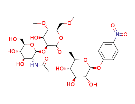 Molecular Structure of 150161-10-7 (4-nitrophenyl O- (2-acetamido-2-deoxyglucopyranosyl)-(1-2)-O-(4,6-di-O-methylmannopyranosyl)-(1-6)-glucopyranoside)