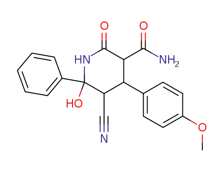 Molecular Structure of 100784-42-7 (3-carbamoyl-5-cyano-6-hydroxy-4-(p-methoxyphenyl)-6-phenylpiperidin-2-one)
