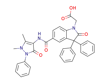Molecular Structure of 100549-95-9 (2-[5-[(1,5-dimethyl-3-oxo-2-phenyl-pyrazol-4-yl)carbamoyl]-2-oxo-3,3-d iphenyl-indol-1-yl]acetic acid)