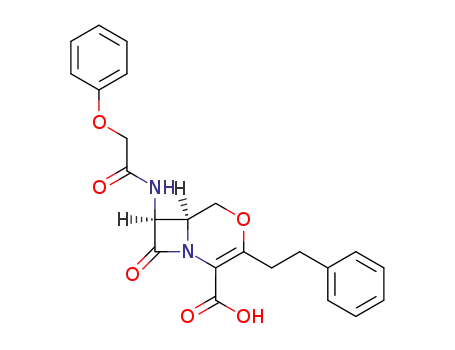 Molecular Structure of 62282-55-7 (4-Oxa-1-azabicyclo[4.2.0]oct-2-ene-2-carboxylic acid,
8-oxo-7-[(phenoxyacetyl)amino]-3-(2-phenylethyl)-, trans-)