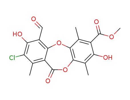 Molecular Structure of 64662-25-5 (2-Chloro-4-formyl-3,8-dihydroxy-1,6,9-trimethyl-11-oxo-11H-dibenzo[b,e][1,4]dioxepin-7-carboxylic acid methyl ester)
