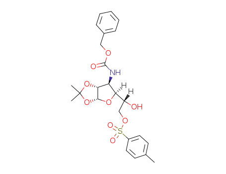 Molecular Structure of 451505-46-7 (Toluene-4-sulfonic acid (R)-2-((3aR,5S,6S,6aR)-6-benzyloxycarbonylamino-2,2-dimethyl-tetrahydro-furo[2,3-d][1,3]dioxol-5-yl)-2-hydroxy-ethyl ester)
