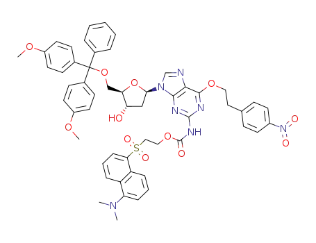 {9-{(2R,4S,5R)-5-[Bis-(4-methoxy-phenyl)-phenyl-methoxymethyl]-4-hydroxy-tetrahydro-furan-2-yl}-6-[2-(4-nitro-phenyl)-ethoxy]-9H-purin-2-yl}-carbamic acid 2-(5-dimethylamino-naphthalene-1-sulfonyl)-ethyl ester